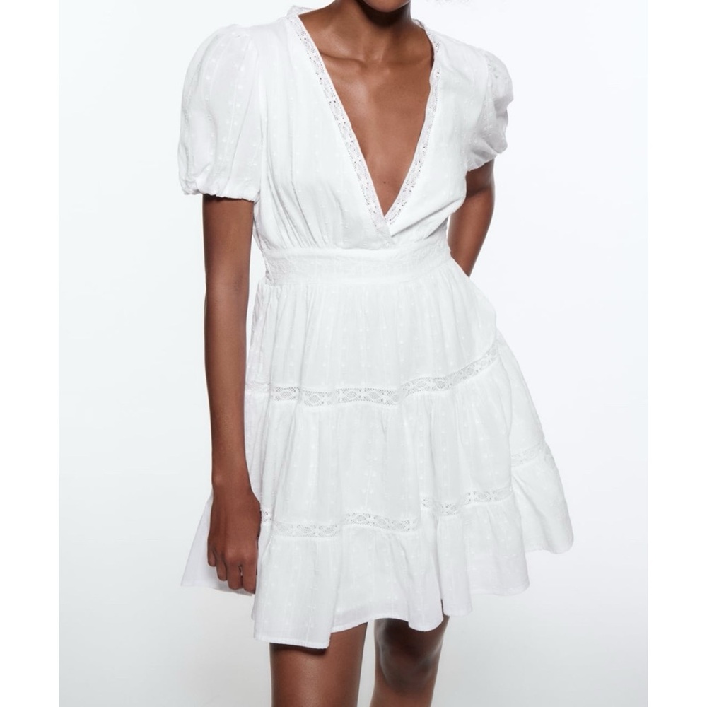 Zara White Eyelet Tiered Mini Dress